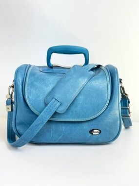 Vintage 1970s Dionite Blue Vinyl Train Case. Retro MCM Travel Shoulder Bag.